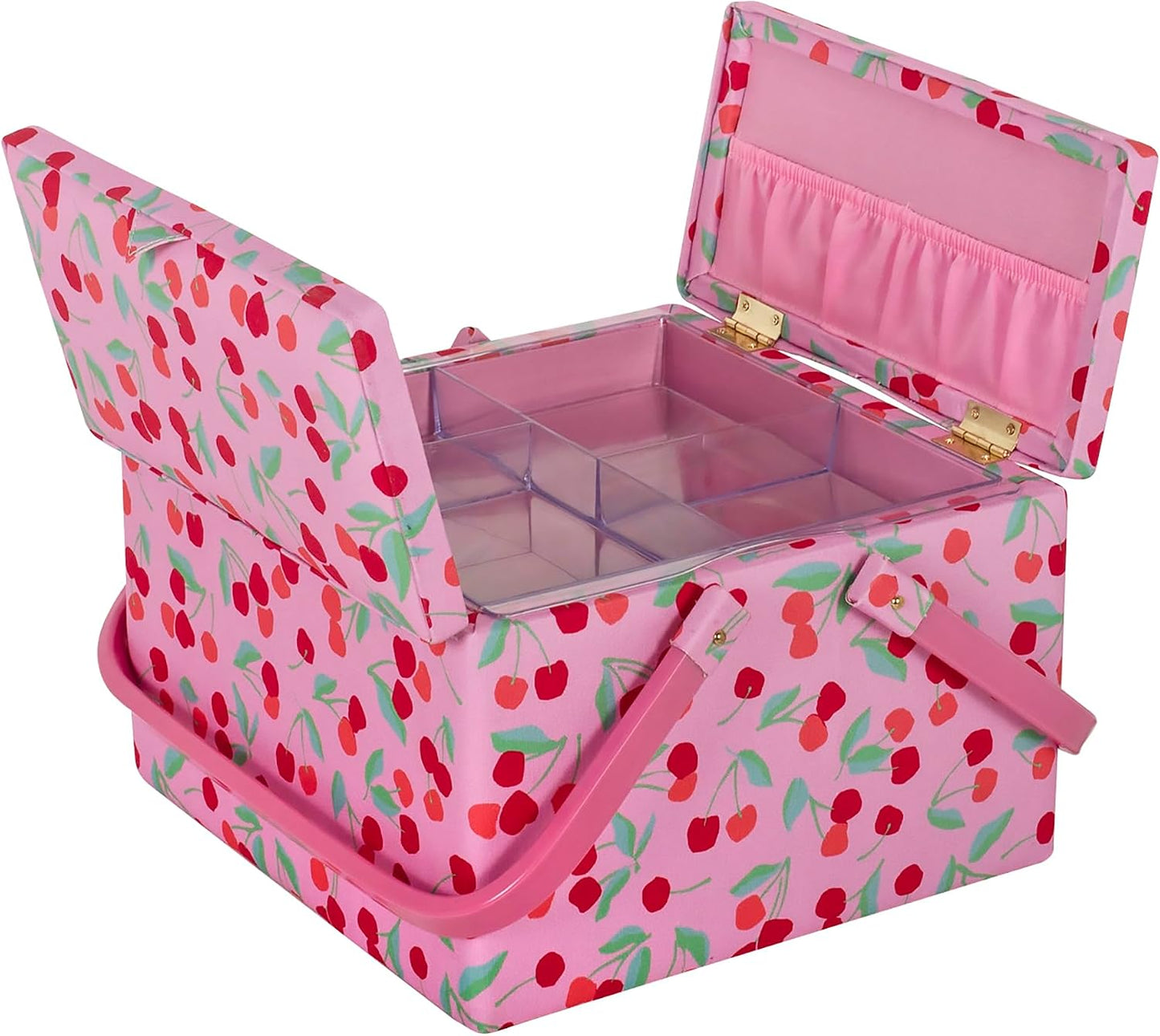 Hobby Gift Grande Boîte De Rangement à Double Couvercle Pour Couture, Passe-temps, Plateau Pour Accessoires, Poches Pour Coussin à épingles, Poignées En PVC, 25 X 25 X 17 Cm, Cerise