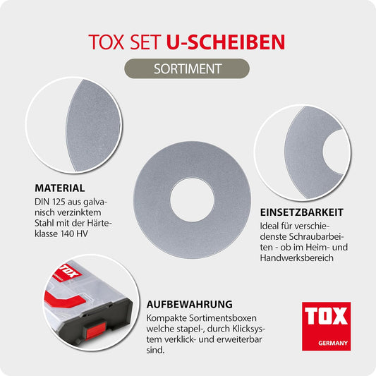 TOX L-BOXX Mini Jeu De Rondelles DIN 9021 (400 Pièces) + Mètre Pliant 2 M Rouge Avec Impression, Rondelles En 6 Tailles Courantes Dans Un Bac De Rangement Adaptable Et Encliquetable, 094909163