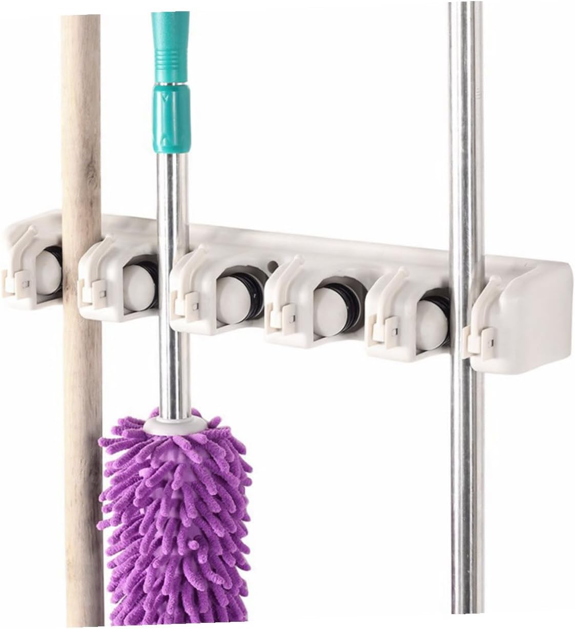  VOSAREA Support Mural Beige Pour Balais Et Brosses En Plastique Abs Avec 6 Crochets Robustes Et 5 Positions, Pour Buanderie Et Bureaux, Fixation Par Vis Incluse