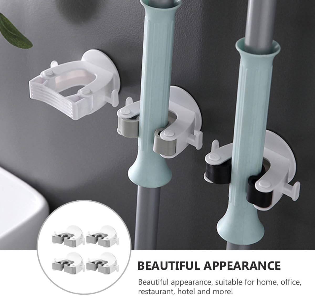  Ciieeo Crochet Mural Sans Perçage Pour Balai à Franges 4 Pièces Gris Plastique Robuste Support Pour Rangement La Cuisine Et Salle De Bain