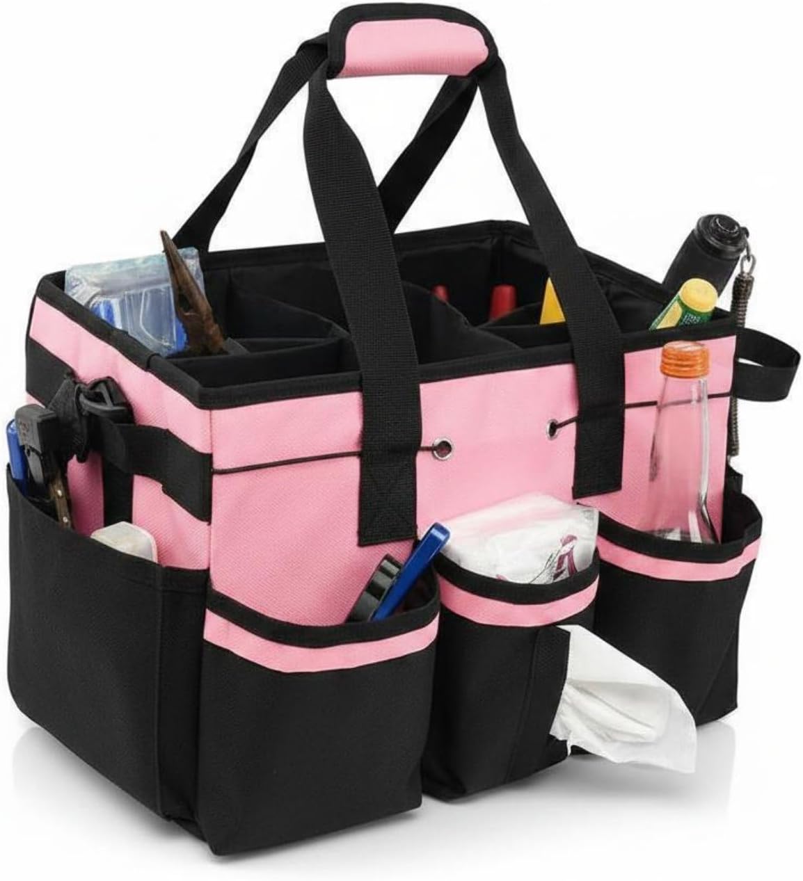  Qianly Sac Fourre-tout à Outils Multi-Poches Multifonctionnel Sacoche à Outils Portable Avec Bandoulière Compartiments Réglables Pour Voiture, Garage, Jardin, Blanc, Ns-214