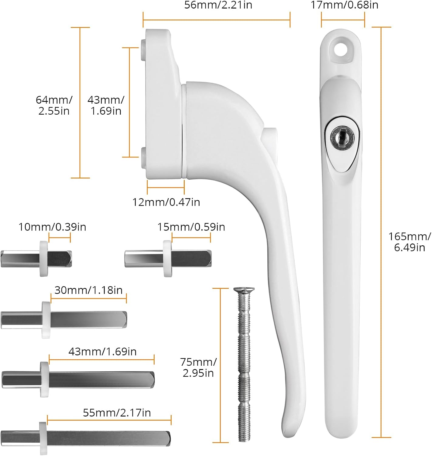  Neoteck Pack Of 10 Universal Lockable Window Handles With Double Glazing, Suitable For All Windows And Balcony Doors, Rod Length 10 Mm, 15 Mm, 30 Mm, 43 Mm, 55 Mm