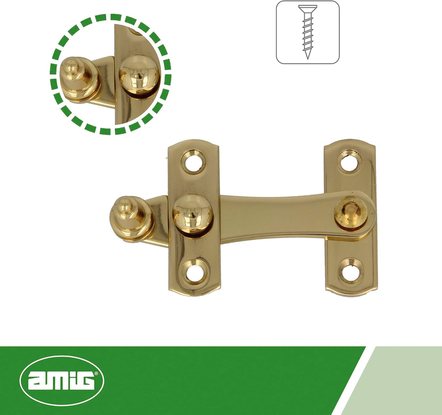  Amig - Golden Latch For Shutters With Reverse Hook Mod. 3 | 75 X 46 Mm | Polished Brass | Anti-Impact And Breakage Security Closure For Windows | Includes Screws