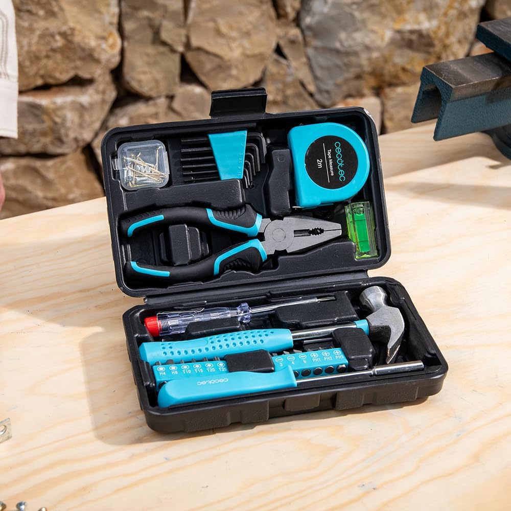  Cecotec Boîte à Outils 68 Pièces ToolBox EasyGo. Étui Ultra-compact Et Portable, Comprend Marteau, Mètre, Tournevis Et Plus, Organisation Interne Optimisée, Idéal Pour Maison Et Voiture