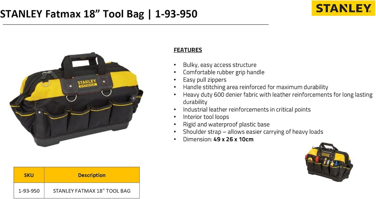  STANLEY FATMAX Sac à Outils Gamme - Base Rigide Et Résistante à L'Eau Avec Bandoulière Solide - Poignée Caoutchouc - Élastique Pour Outils - 49 X 26 X 10 Cm - 600 X 600 Deniers 1-93-950