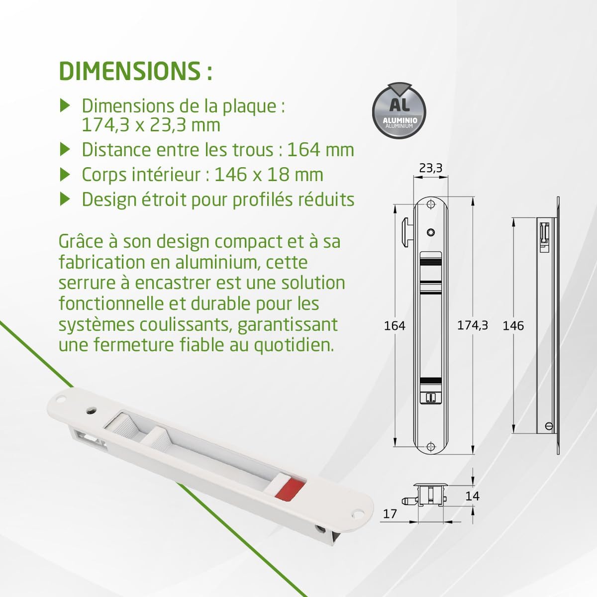  Amig - Recessed Lock For Aluminium Windows And Sliding Doors - Recessed Hook Lock - Dimensions: 174 X 23 Mm - Colour White - Rounded Edge - Installation With Screws