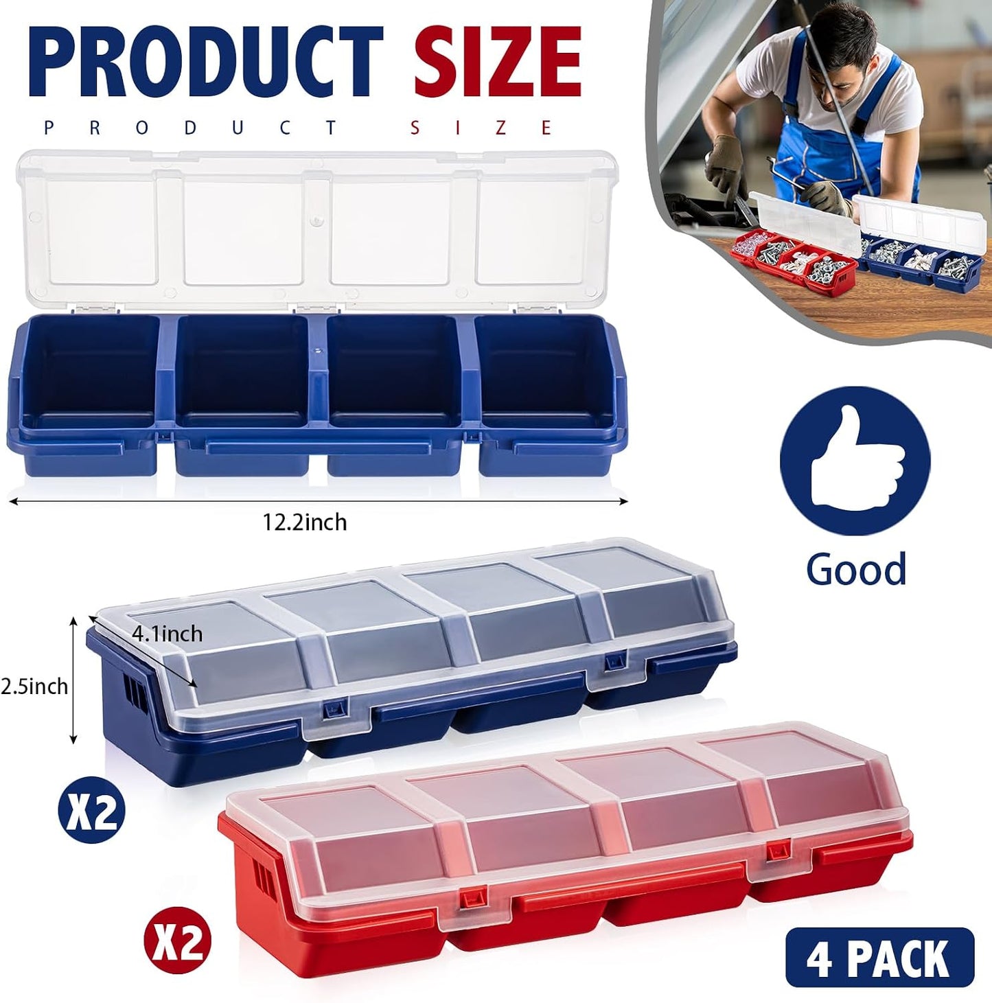  Hushee Lot De 4 Organiseurs De Vis Et Bacs De Rangement Avec Serrures - Boîte De Rangement En Plastique Avec Compartiment Pour Boulons - Boîtes De Rangement Divisées En Plastique Pour Garage, Outils,