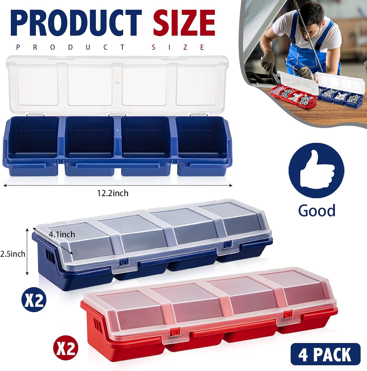  Hushee Lot De 4 Organiseurs De Vis Et Bacs De Rangement Avec Serrures - Boîte De Rangement En Plastique Avec Compartiment Pour Boulons - Boîtes De Rangement Divisées En Plastique Pour Garage, Outils,