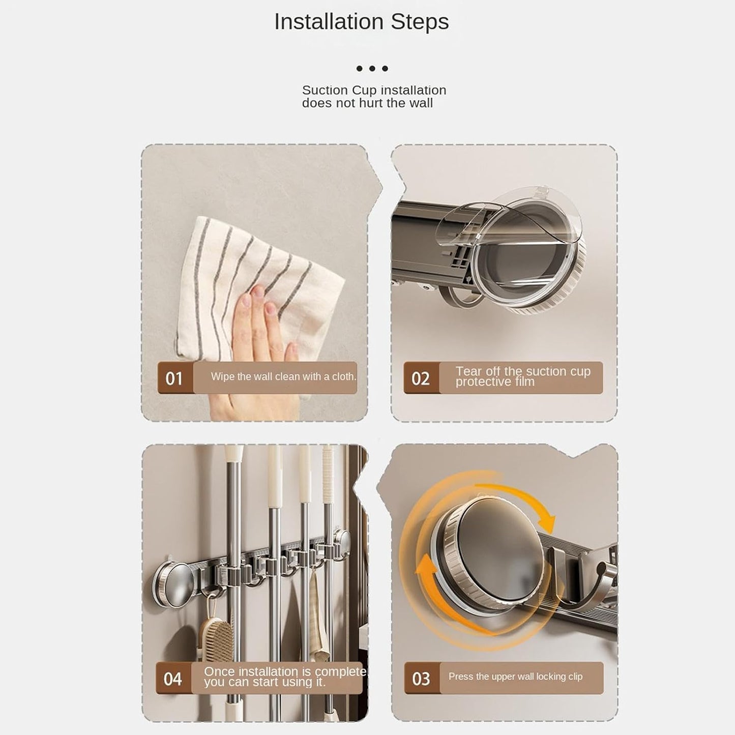  Support Serpillère Mural | Supports À Ventouse Antirouille Haute Résistance,Organisateur Mural Pour Balais Et Rangement,Pour Maison, Bureau, Appartement, Chambre, Salon Et Salle De Bain