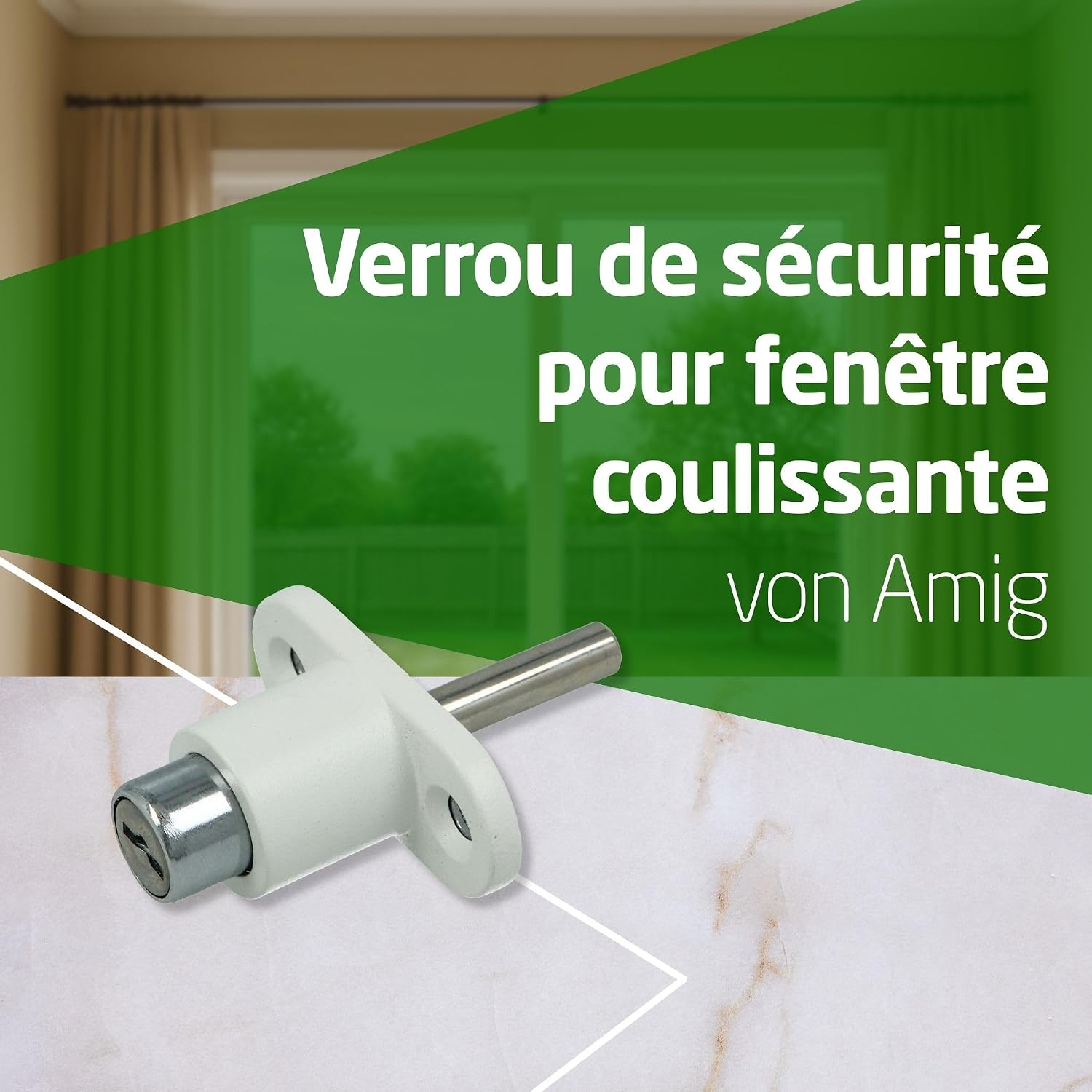  Amig - Security Lock For Sliding Windows Mod.45 | Zip Lock With 2 Keys + Lag Screws For Installation | Made Of Steel With White Finish | Dimensions: 53 X 23 Mm