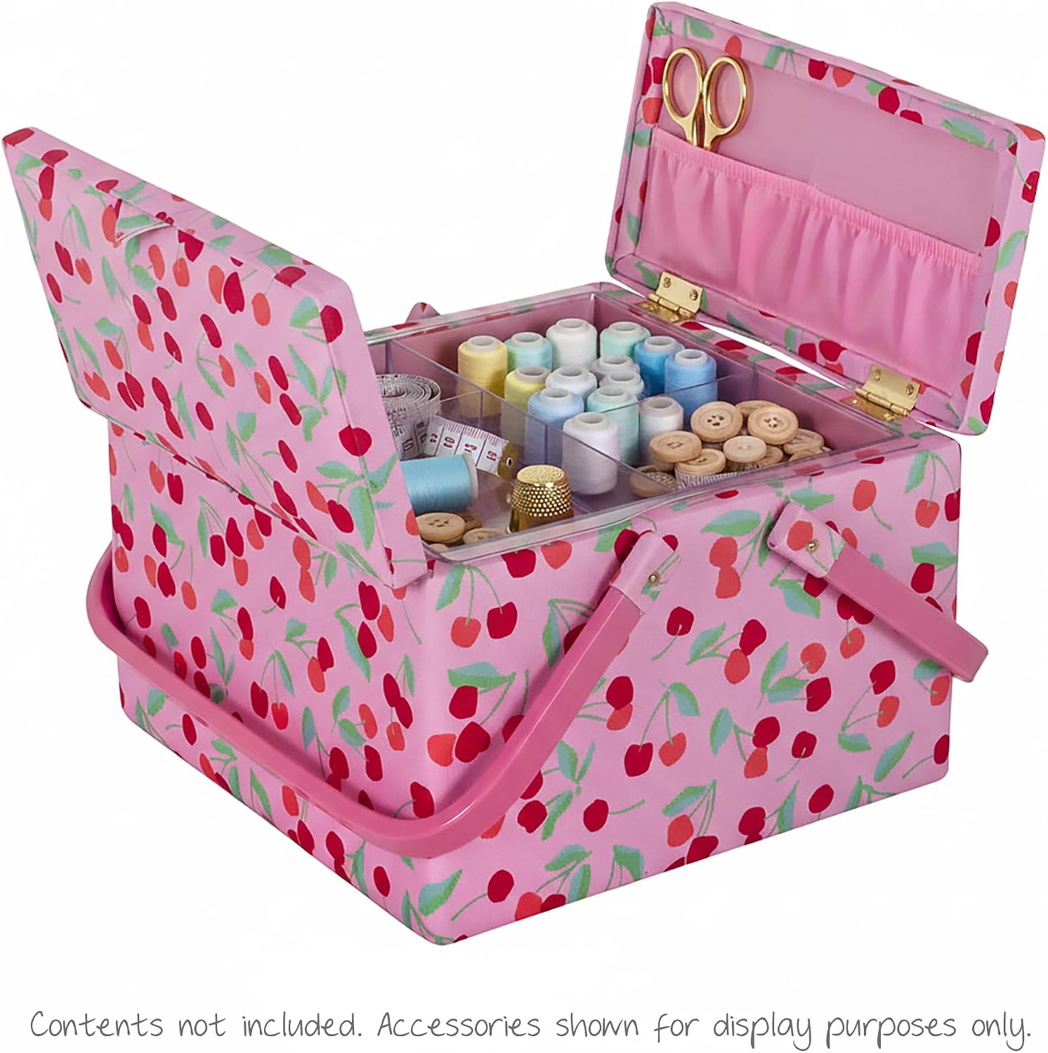  Hobby Gift Grande Boîte De Rangement à Double Couvercle Pour Couture, Passe-temps, Plateau Pour Accessoires, Poches Pour Coussin à épingles, Poignées En PVC, 25 X 25 X 17 Cm, Cerise