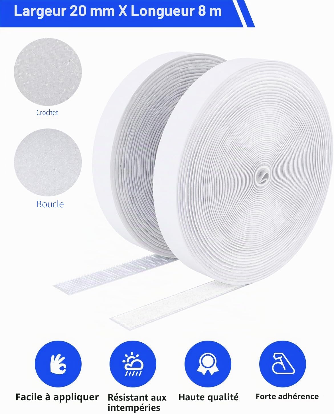  Double Sided Hook And Loop Tape, 20MM X 8M Self Adhesive Tape, Heavy Duty Tape, Interlocking Tape For Photo Frame, Mosquito Net, Carpet, DIY - White