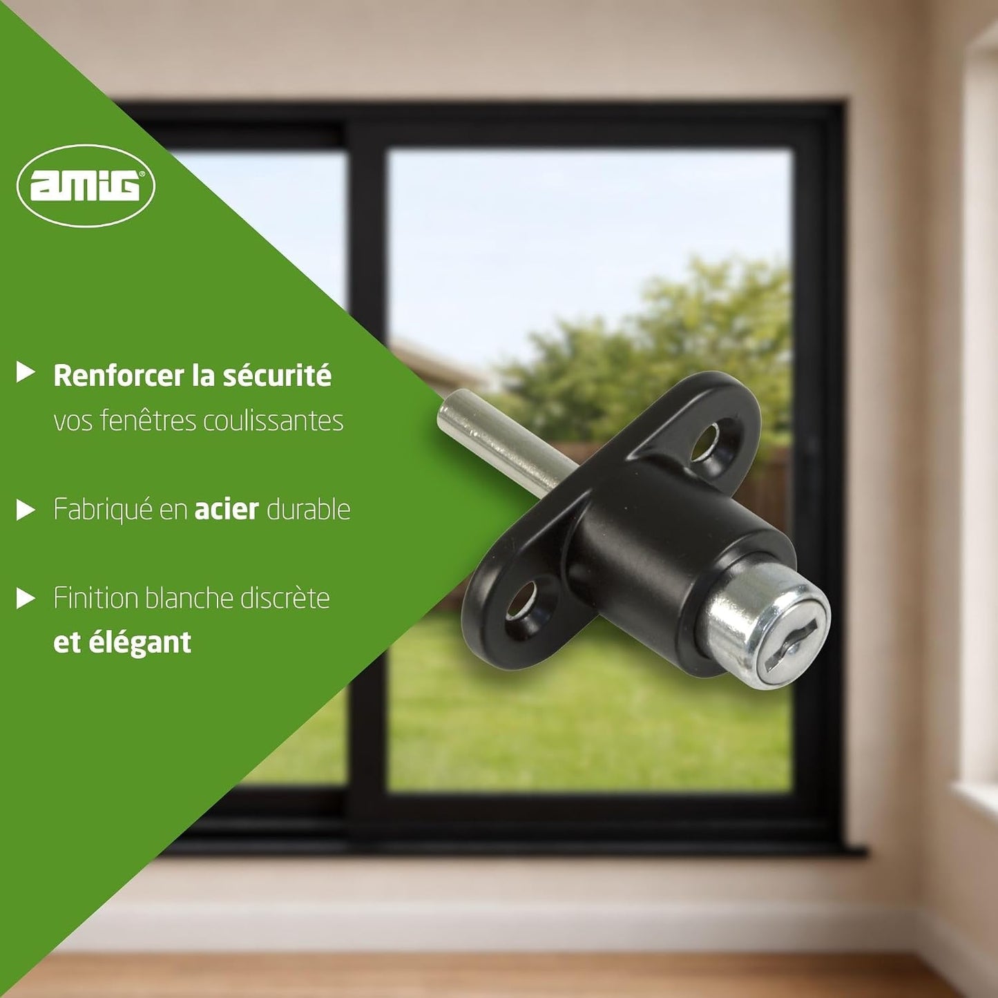  Amig - Security Lock For Sliding Windows Mod.45 | Zip Lock With 2 Keys + Lag Screws For Installation | Steel Black Finish | Dimensions: 53 X 23 Mm