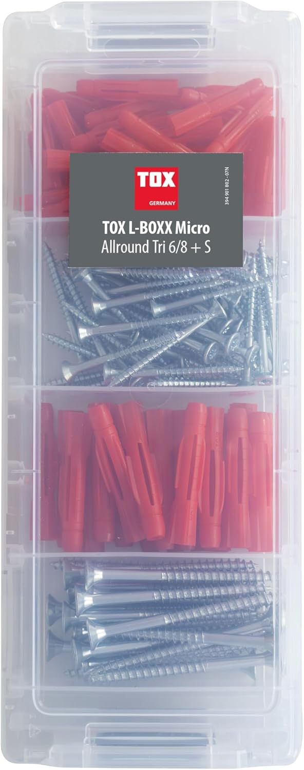  TOX L-BOXX Micro Allround Tri 6/8 + S En Boîte De Tri Empilable Et Encliquetable, Avec Chevilles Universelles TRI 6/36 Et 8/51 + Vis Adaptées, 140 Pièces, 094901802