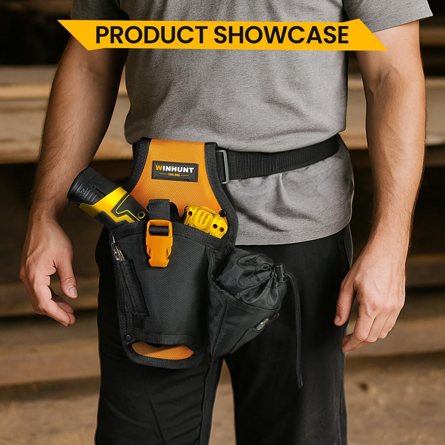  WINHUNT Ceinture Porte-outils Pour Perceuse, 30 X 17 X 6 Cm, Noir Et Jaune, Sac à Outils Robuste En Matériau 600D