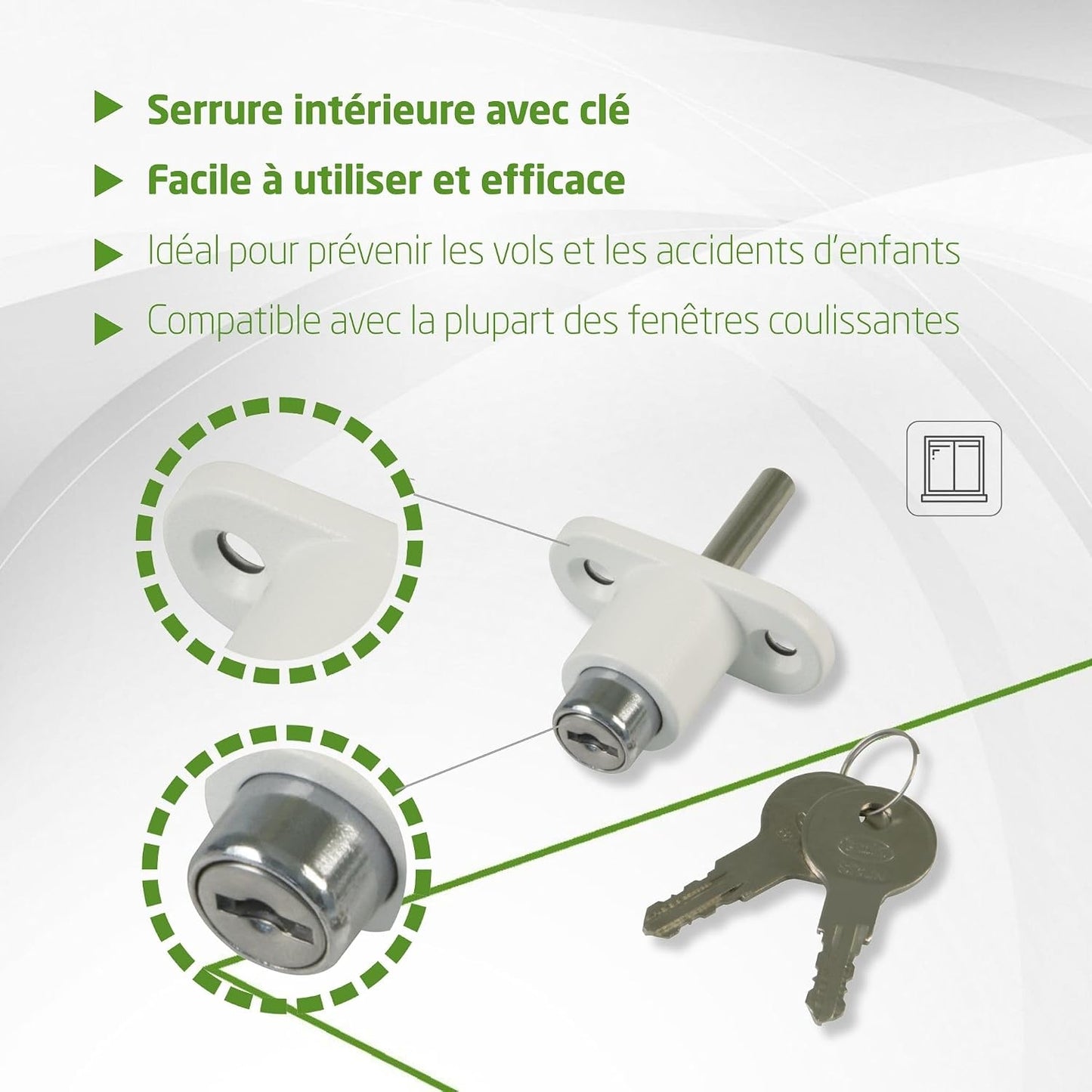  Amig - Security Lock For Sliding Windows Mod.45 | Zip Lock With 2 Keys + Lag Screws For Installation | Made Of Steel With White Finish | Dimensions: 53 X 23 Mm