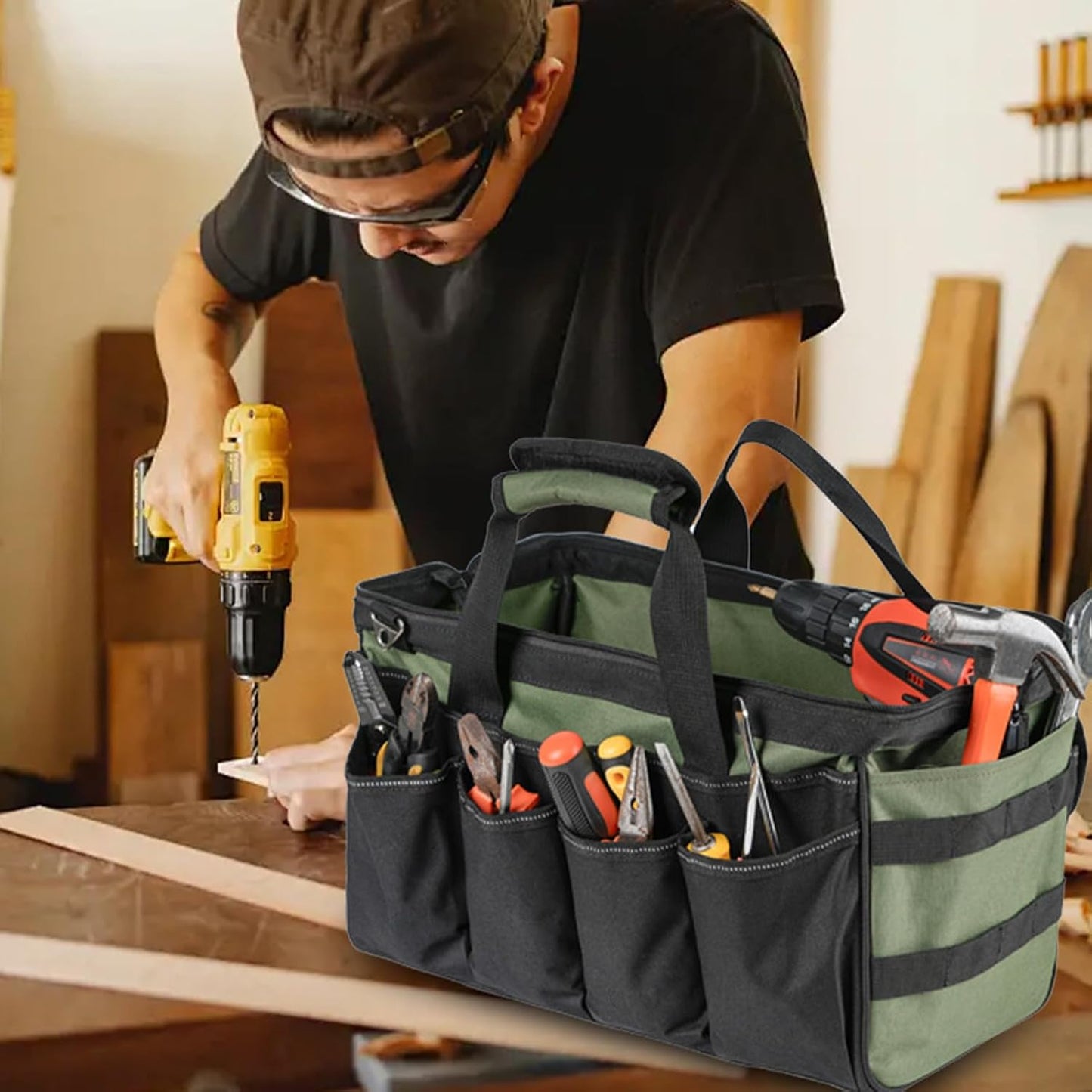 GENERIC Sac à Outils, Organiseur Portable En Tissu Oxford, Sac à Outils D'électricien à Large Ouverture, Pour Homme, Mécanicien, électricien, Charpentier, Garage, Réparation De Voyage, Tournevis, Clés, Forets