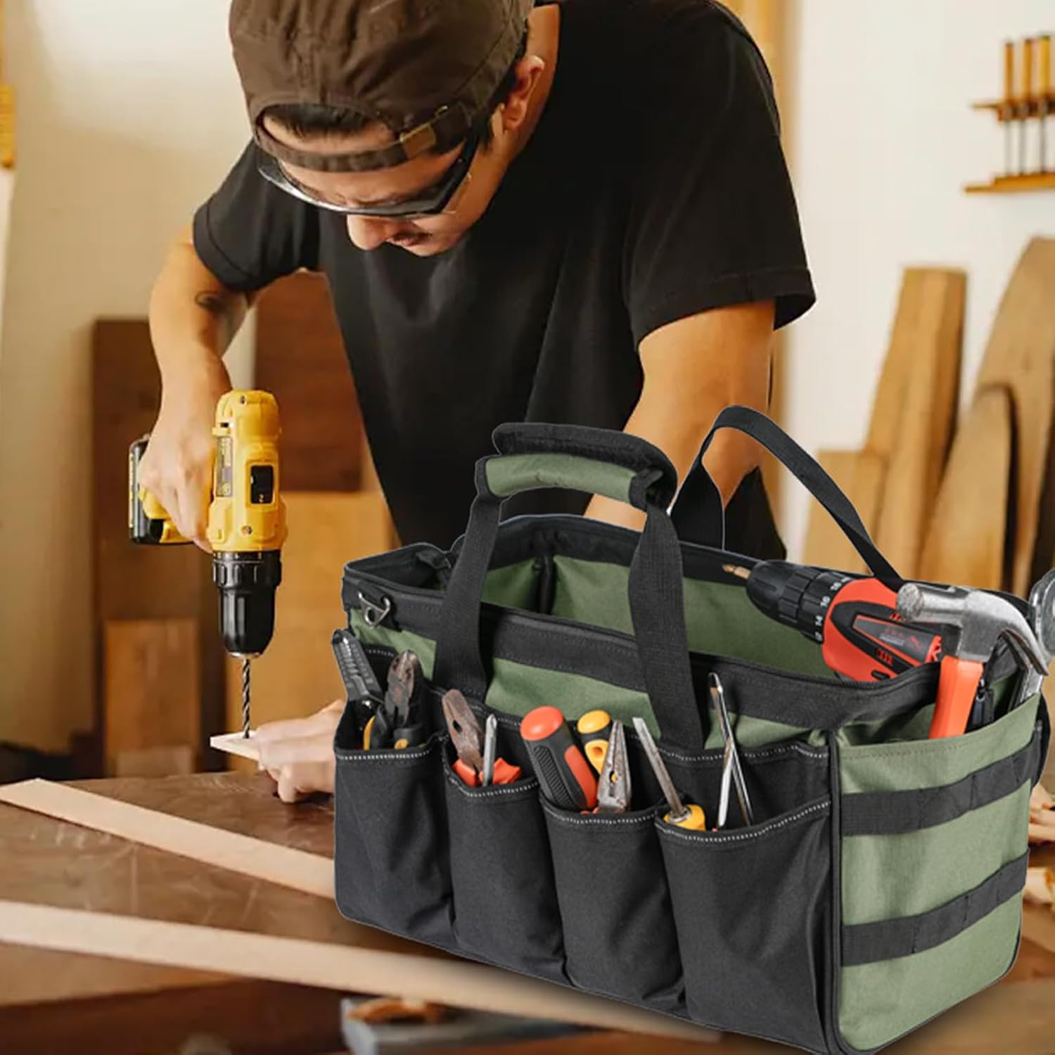 GENERIC Sac à Outils, Organiseur Portable En Tissu Oxford, Sac à Outils D'électricien à Large Ouverture, Pour Homme, Mécanicien, électricien, Charpentier, Garage, Réparation De Voyage, Tournevis, Clés, Forets