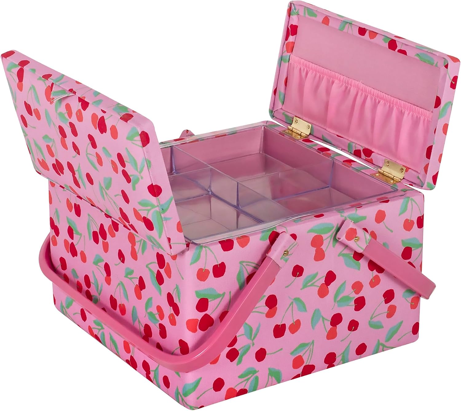  Hobby Gift Grande Boîte De Rangement à Double Couvercle Pour Couture, Passe-temps, Plateau Pour Accessoires, Poches Pour Coussin à épingles, Poignées En PVC, 25 X 25 X 17 Cm, Cerise