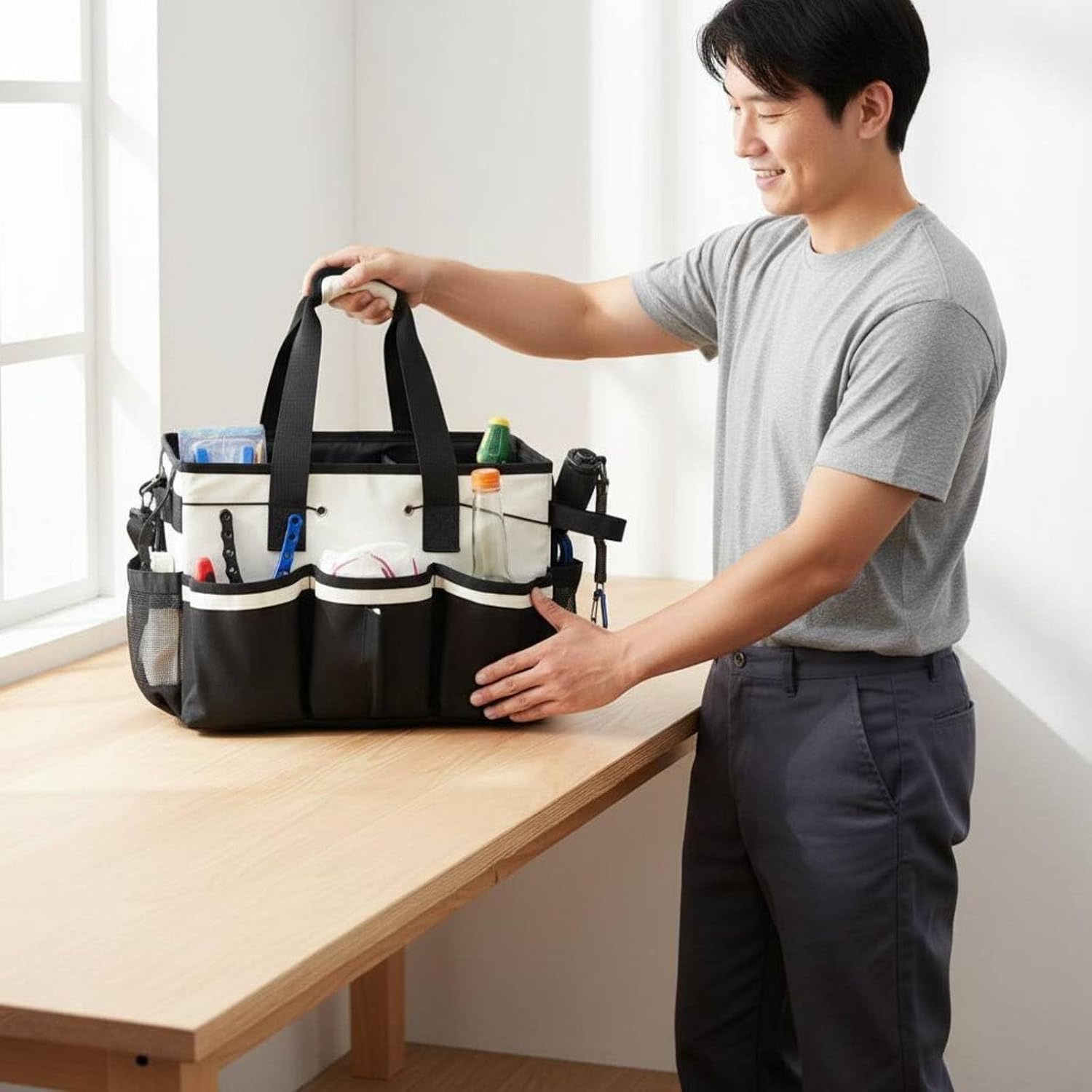 Qianly Sac Fourre-tout à Outils Multi-Poches Multifonctionnel Sacoche à Outils Portable Avec Bandoulière Compartiments Réglables Pour Voiture, Garage, Jardin, Blanc, Ns-214
