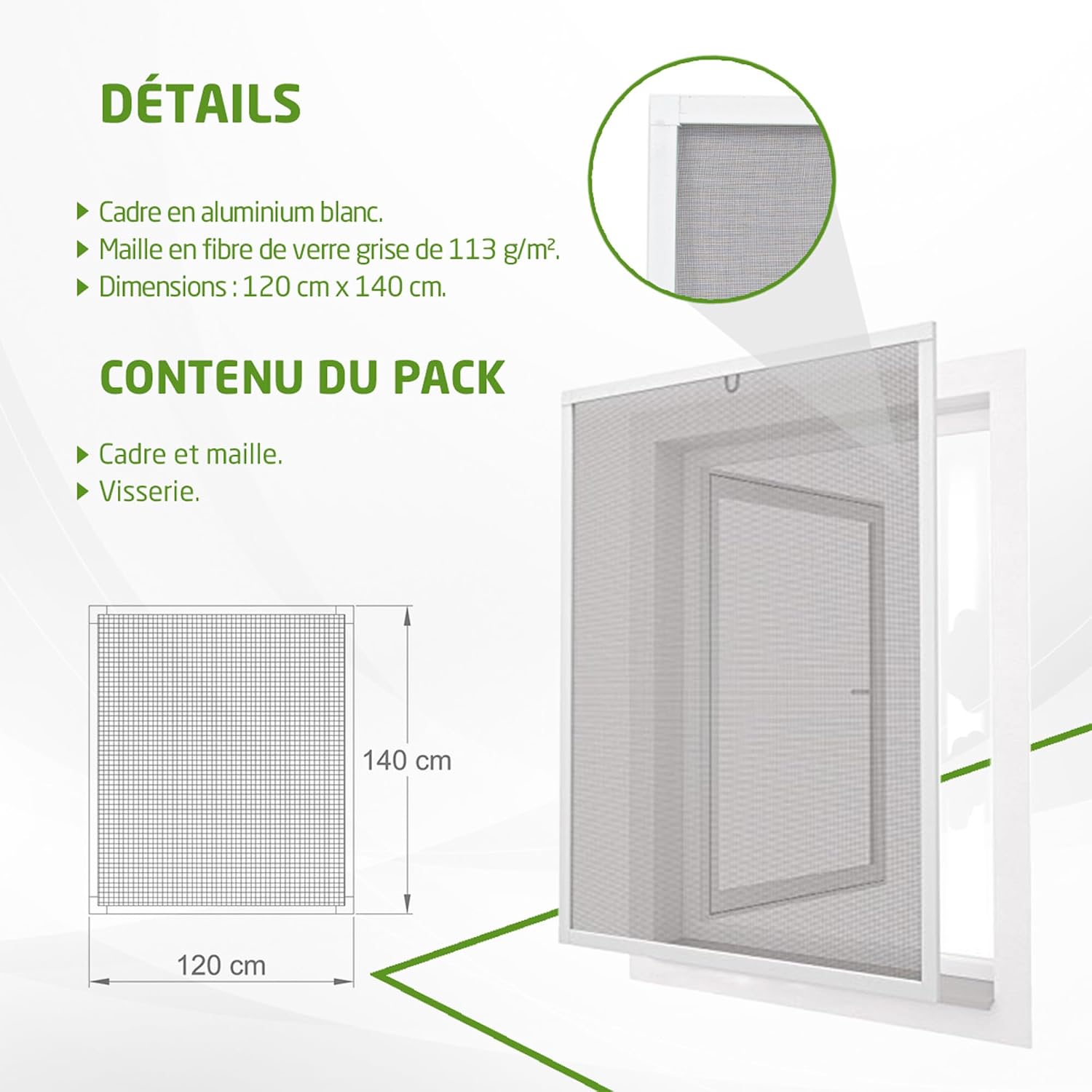  Amig - Moustiquaire Fixe Pour Fenêtre - 120 X 140 Cm - Cadre En Aluminium Blanc - Maille En Fibre De Verre Grise - Installation Avec Vis - Ventilation Avec Protection Contre Les Insectes - Mod. MF01