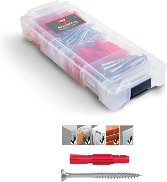  TOX L-BOXX Micro Allround Tri 6/8 + S En Boîte De Tri Empilable Et Encliquetable, Avec Chevilles Universelles TRI 6/36 Et 8/51 + Vis Adaptées, 140 Pièces, 094901802