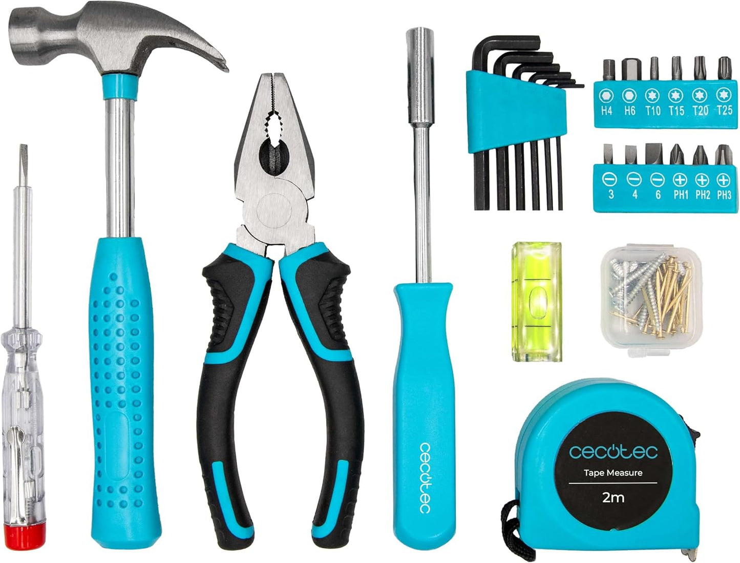  Cecotec Boîte à Outils 68 Pièces ToolBox EasyGo. Étui Ultra-compact Et Portable, Comprend Marteau, Mètre, Tournevis Et Plus, Organisation Interne Optimisée, Idéal Pour Maison Et Voiture