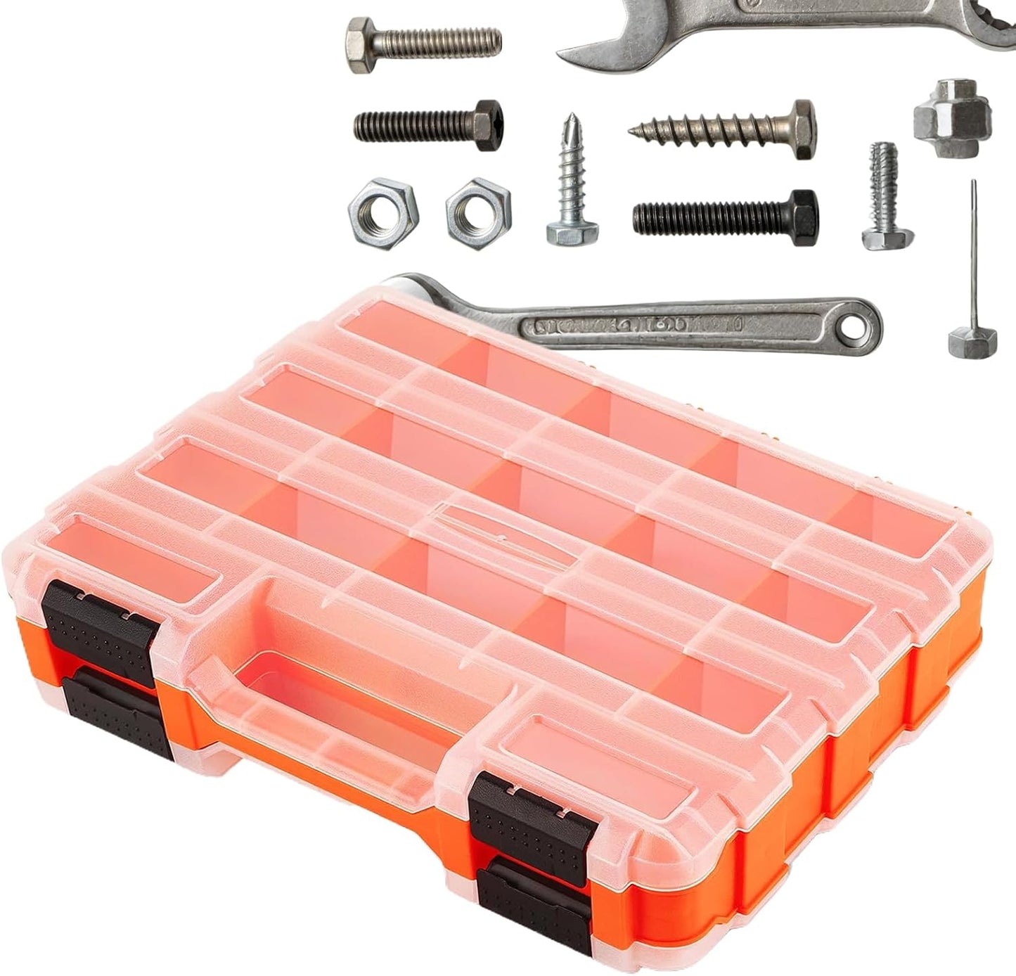  Boîte à Outils Portable – Mallette De Rangement Double Face à 34 Compartiments, Support Pour Forets Et écrous De Boulons Avec Couvercle Transparent, Organiseur En Plastique Dur Avec Fermeture Sécurisé