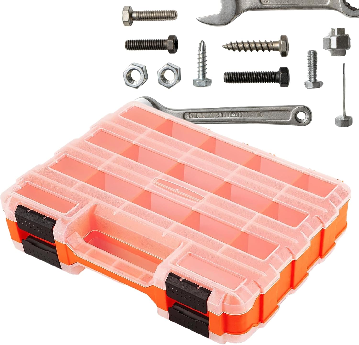  Boîte à Outils Portable – Mallette De Rangement Double Face à 34 Compartiments, Support Pour Forets Et écrous De Boulons Avec Couvercle Transparent, Organiseur En Plastique Dur Avec Fermeture Sécurisé