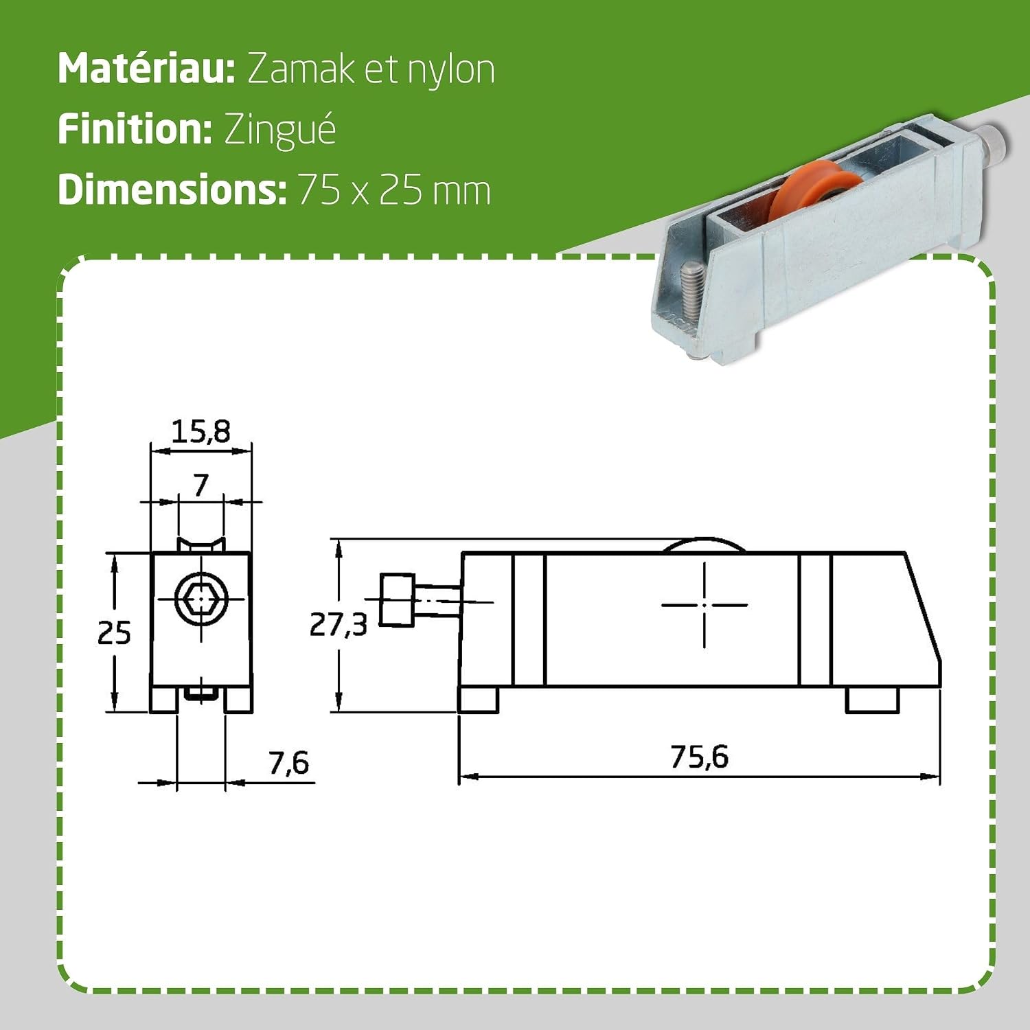  Amig - Roulement Pour Fenêtre Coulissante | Lot De 2 Unités | Taille 70 X 16 Mm | Boîtier Métallique Réglable | Roulement à Billes | Conçu Pour Les Fenêtres Coulissantes | Acier Zingué