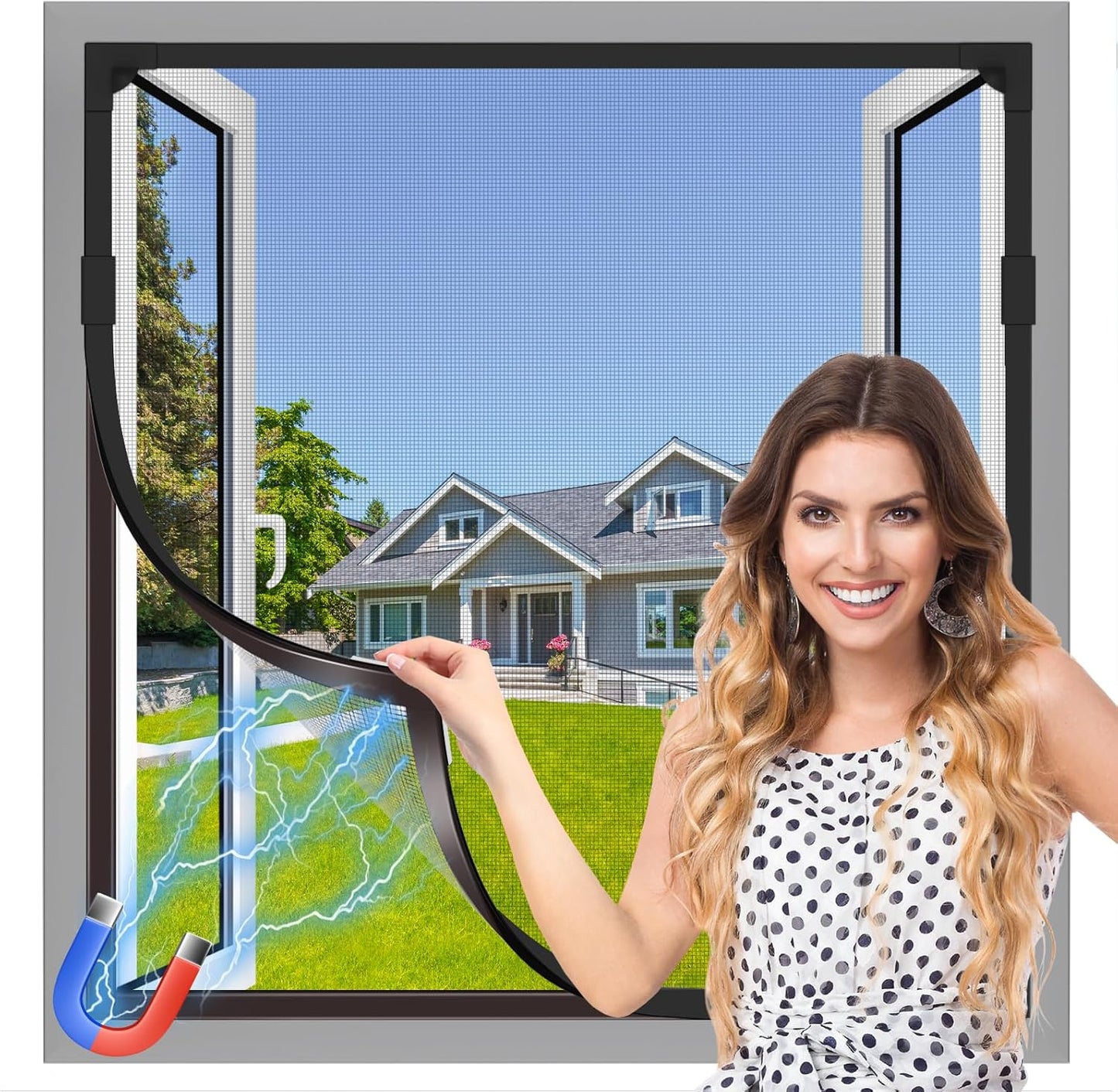  Adjustable Window Screen Replacement Magnetic Window Screen - Grey Fiberglass Mesh - No Drilling - Easy To Cut - For Sliding, Swing, Hanging On Top - Fits