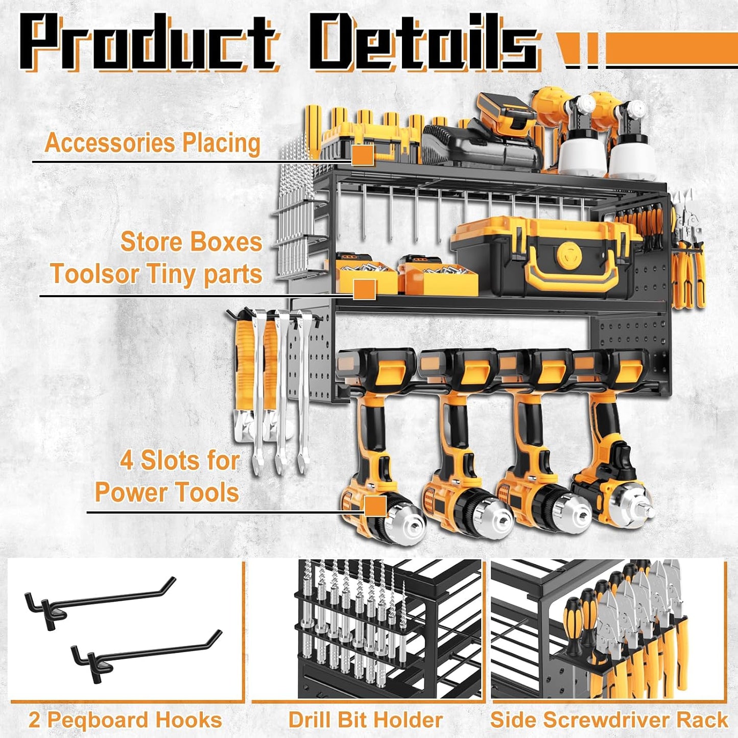  Support Mural Pour Outils électriques, Capacité De Charge De 68 Kg Avec 4 Supports De Perceuse, étagère Utilitaire à 3 Couches Pour Rangement De Garage Et D'atelier (noir)