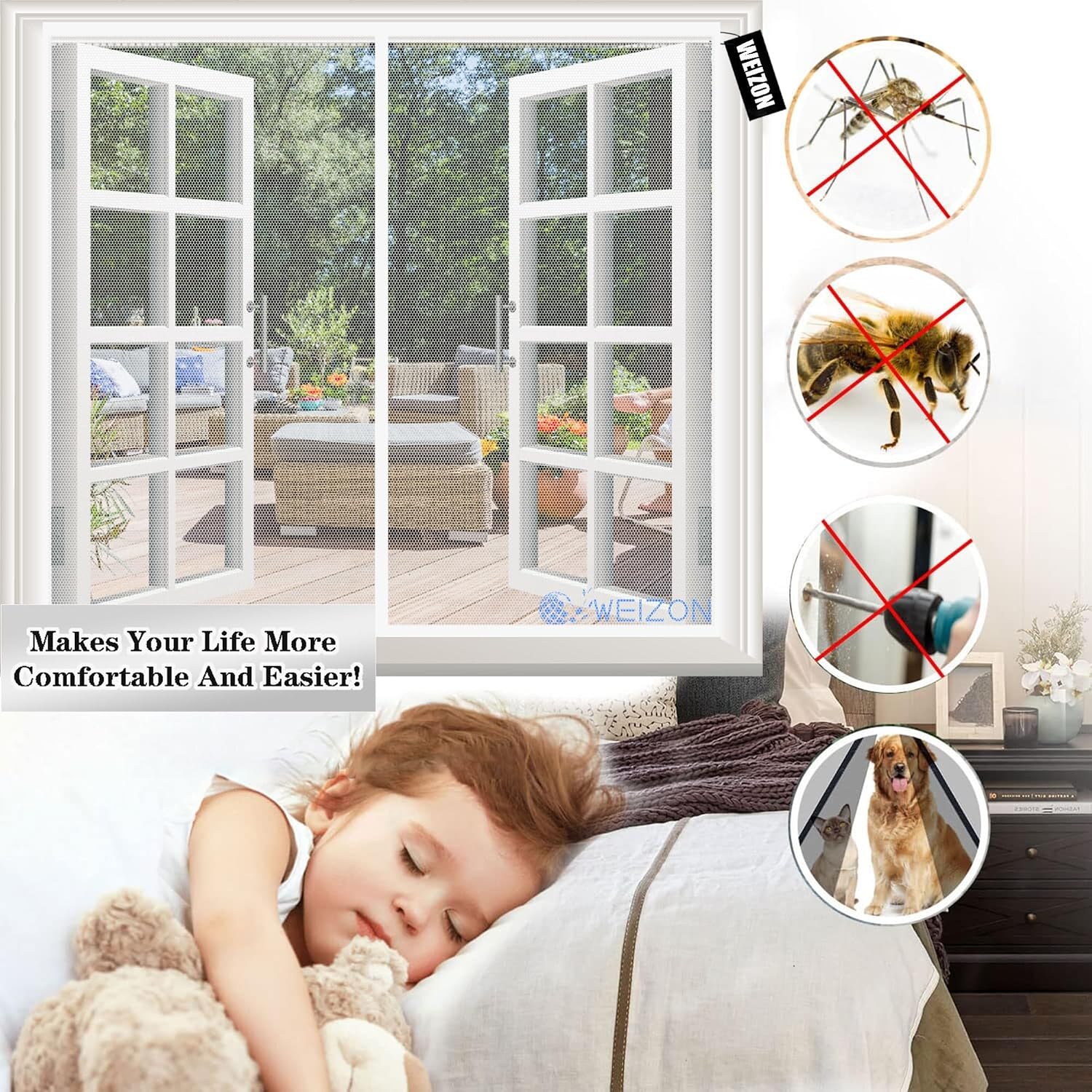  Magnetic Mosquito Net With White Window, 105 X 105 Cm, Customisable Magnetic Door Mosquito Net Without Drilling Keeps Fresh Air Indoors And Insects Outdoor