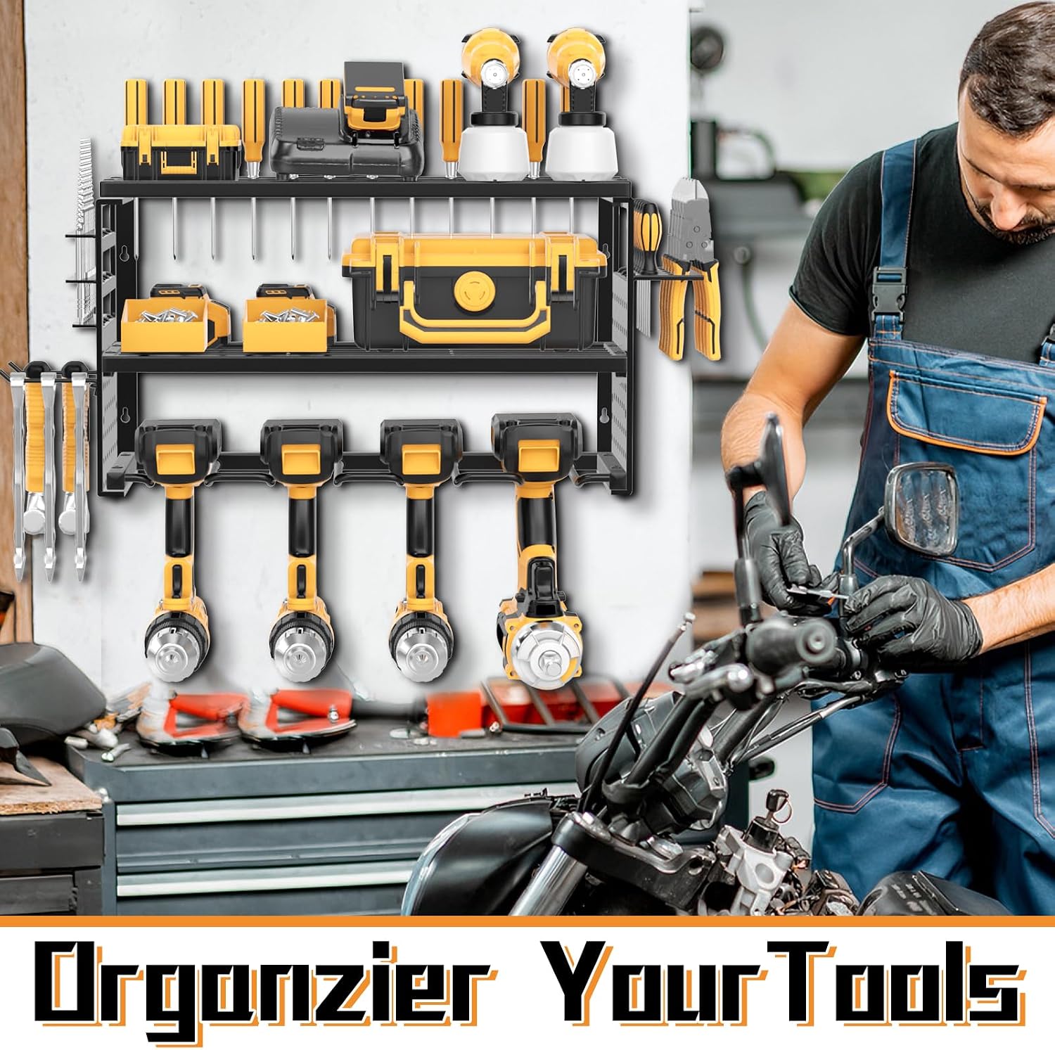  Support Mural Pour Outils électriques, Capacité De Charge De 68 Kg Avec 4 Supports De Perceuse, étagère Utilitaire à 3 Couches Pour Rangement De Garage Et D'atelier (noir)