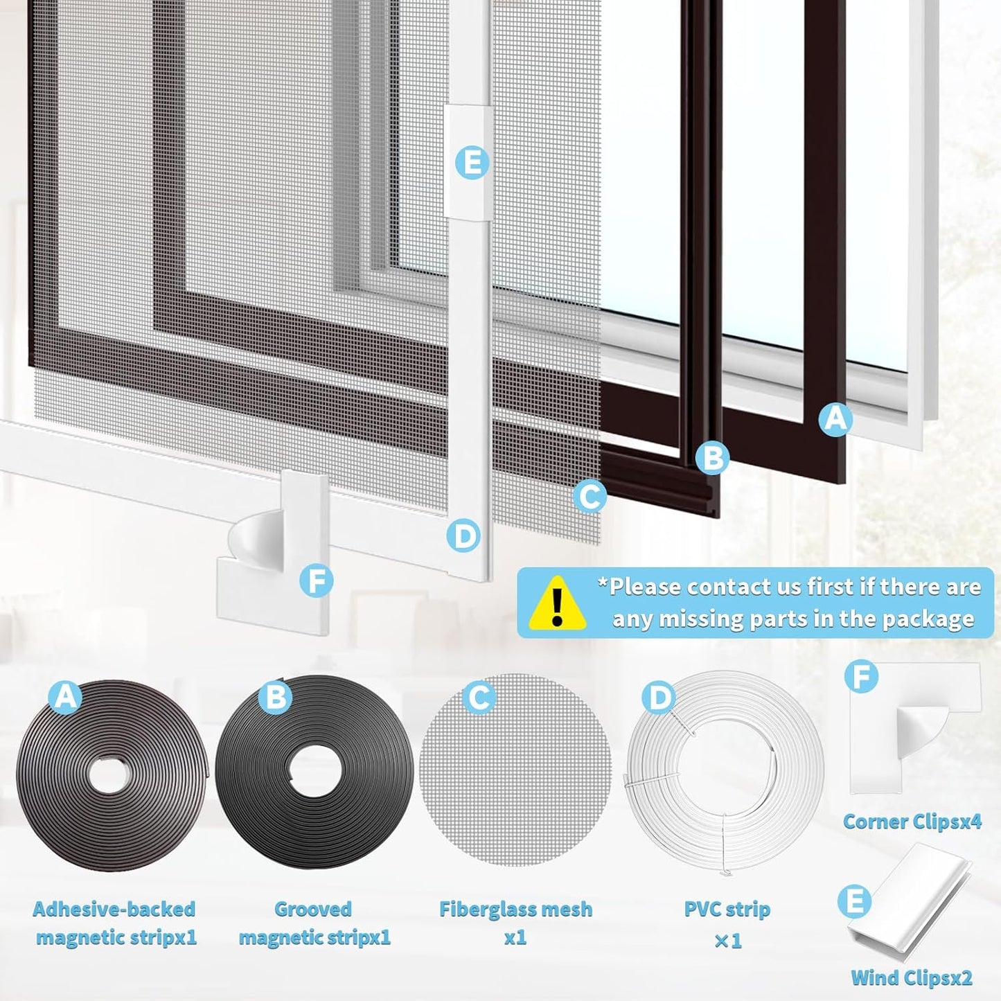  Adjustable Window Screen Replacement Magnetic Window Screen - Grey Fiberglass Mesh - No Drilling - Easy To Cut - For Sliding, Swing, Hanging On Top - Fits