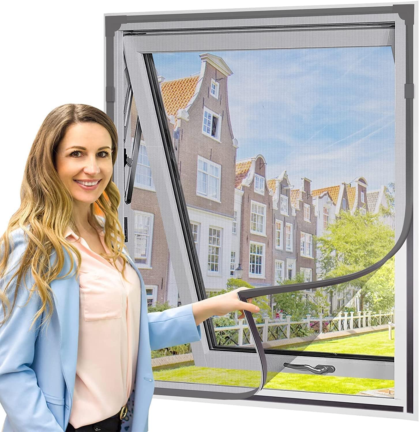  Adjustable Window Screen Replacement Magnetic Window Screen - Grey Fiberglass Mesh - No Drilling - Easy To Cut - For Sliding, Swing, Hanging On Top - Fits