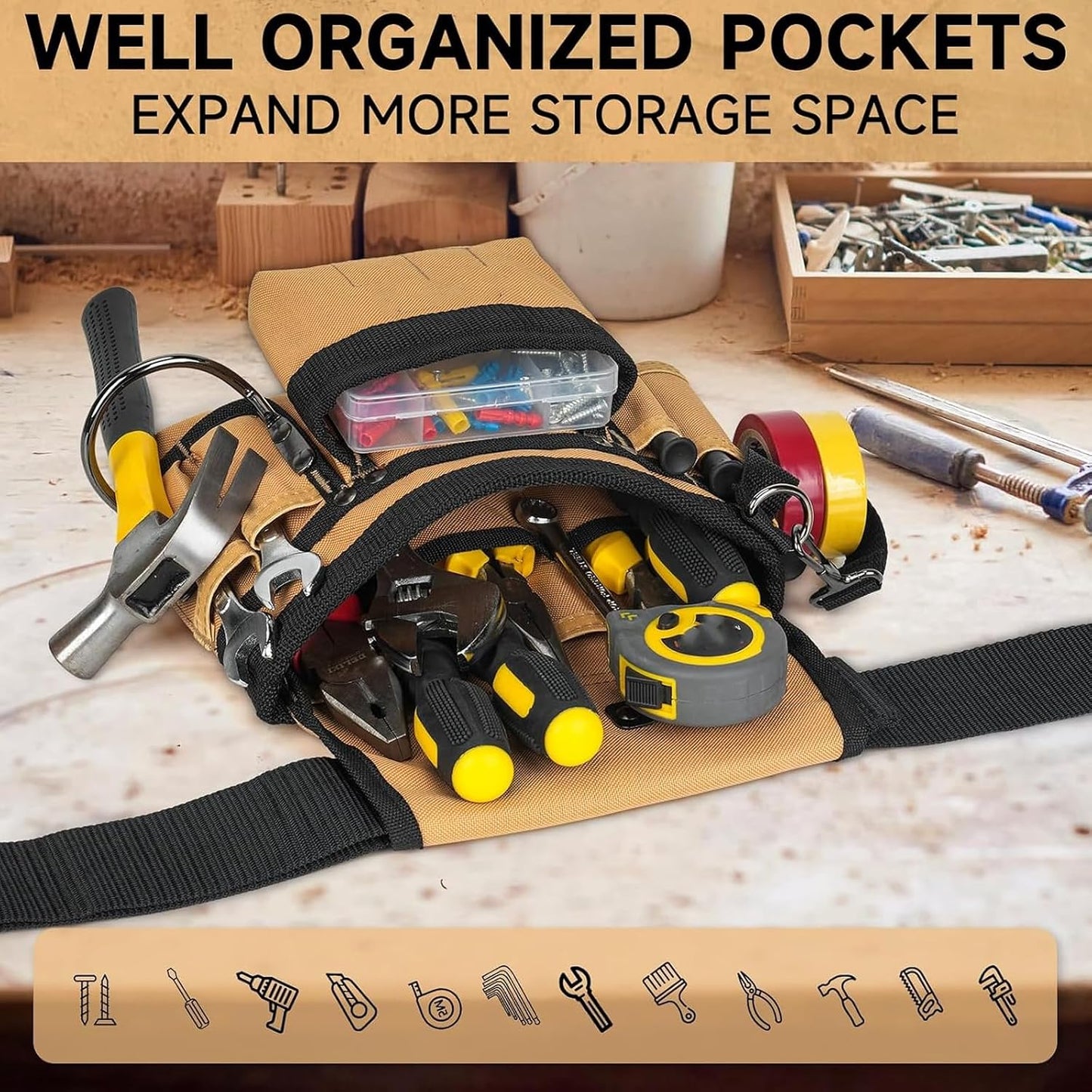  Ceinture à Outils Robuste Réglable Et Poches Amovibles En Tissu Renforcé Confortable Pour Organiseurs De Sac Banane