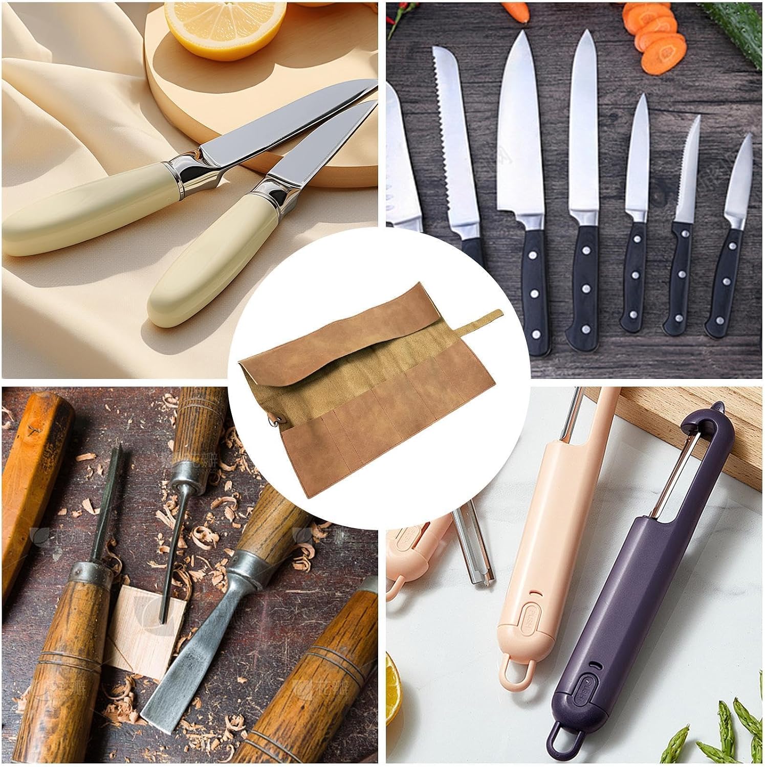 Genérico Rouleau Porte-outils En Cuir, Fait à La Main, 5 Compartiments, Rétro, Portable, Pour Chefs, Plombiers, électriciens, Charpentiers, Burins, Tournevis, Clés, Tournevis