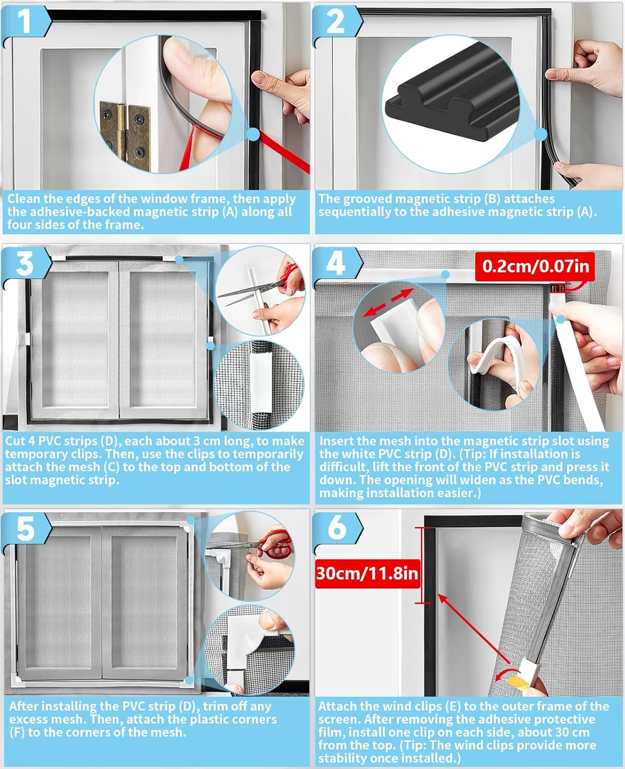  Adjustable Window Screen Replacement Magnetic Window Screen - Grey Fiberglass Mesh - No Drilling - Easy To Cut - For Sliding, Swing, Hanging On Top - Fits