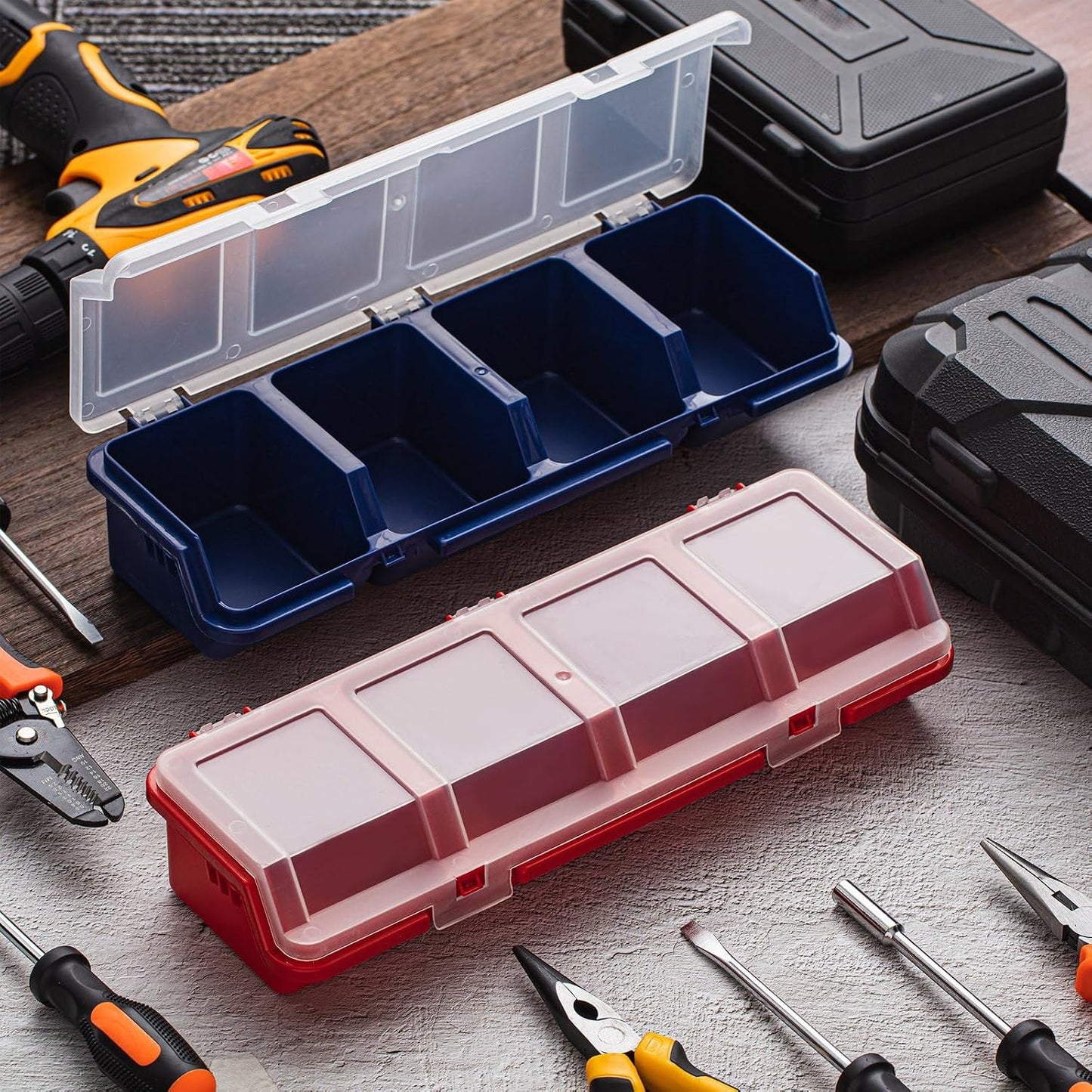  Hushee Lot De 4 Organiseurs De Vis Et Bacs De Rangement Avec Serrures - Boîte De Rangement En Plastique Avec Compartiment Pour Boulons - Boîtes De Rangement Divisées En Plastique Pour Garage, Outils,