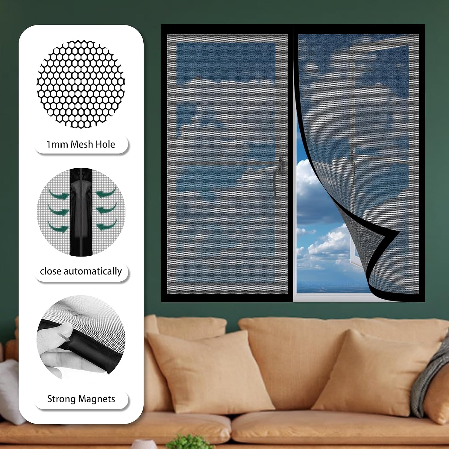  Mosquito Net Window Without Drilling 153 X 123 Cm Magnetic Window Curtain With Automatic Stop For Bay Window Sliding Window, Black