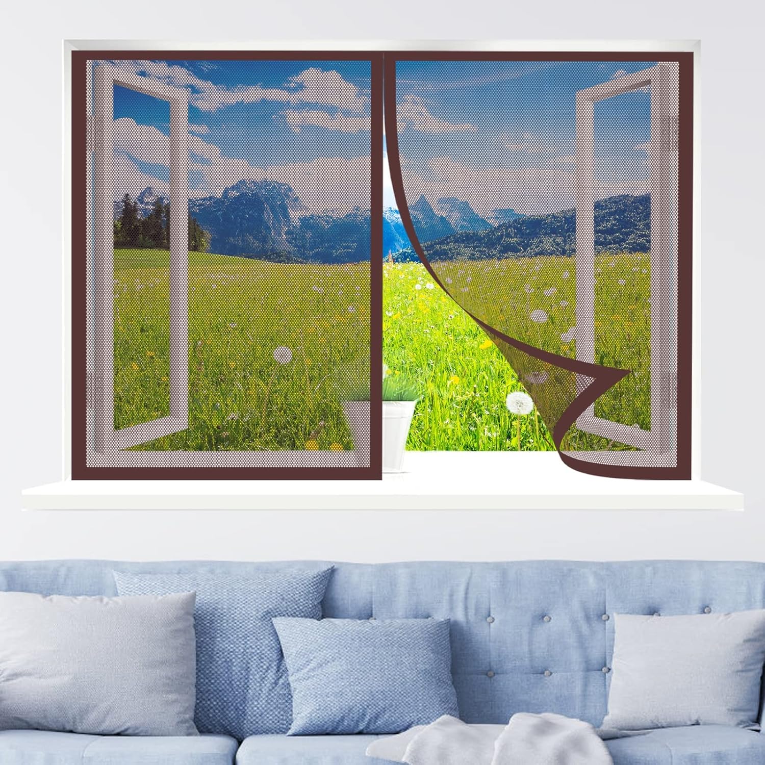  Magnetic Mosquito Net, 150 X 110 Cm Automatically Closed, Powerful Magnets For Most Windows, Brown