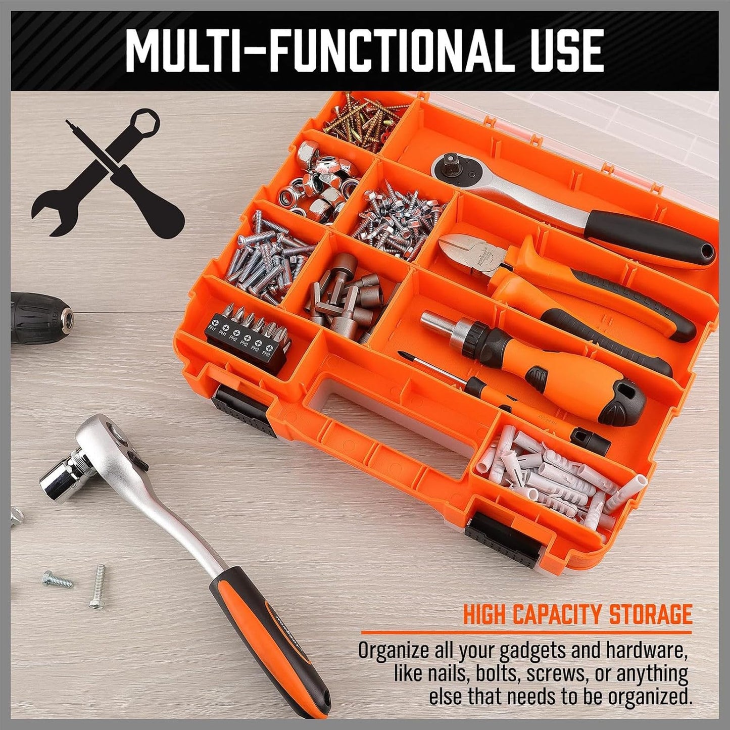  Boîte à Outils – Boîte à Outils Portable Double Face 34 Compartiments Pour Forets, Boulons, écrous, Douilles, Matériel, Petites Pièces, électronique, Perles, Rangement Sécurisé Avec Couvercle Pour La