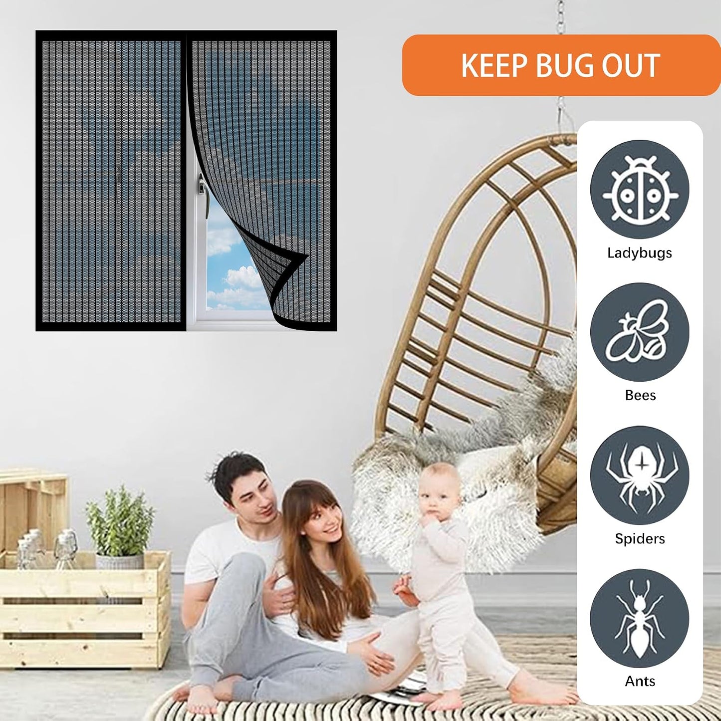  Mosquito Net Window 119 X 100 Cm Roll-Up Magnetic Automatic Stop For Types Of Windows, Black