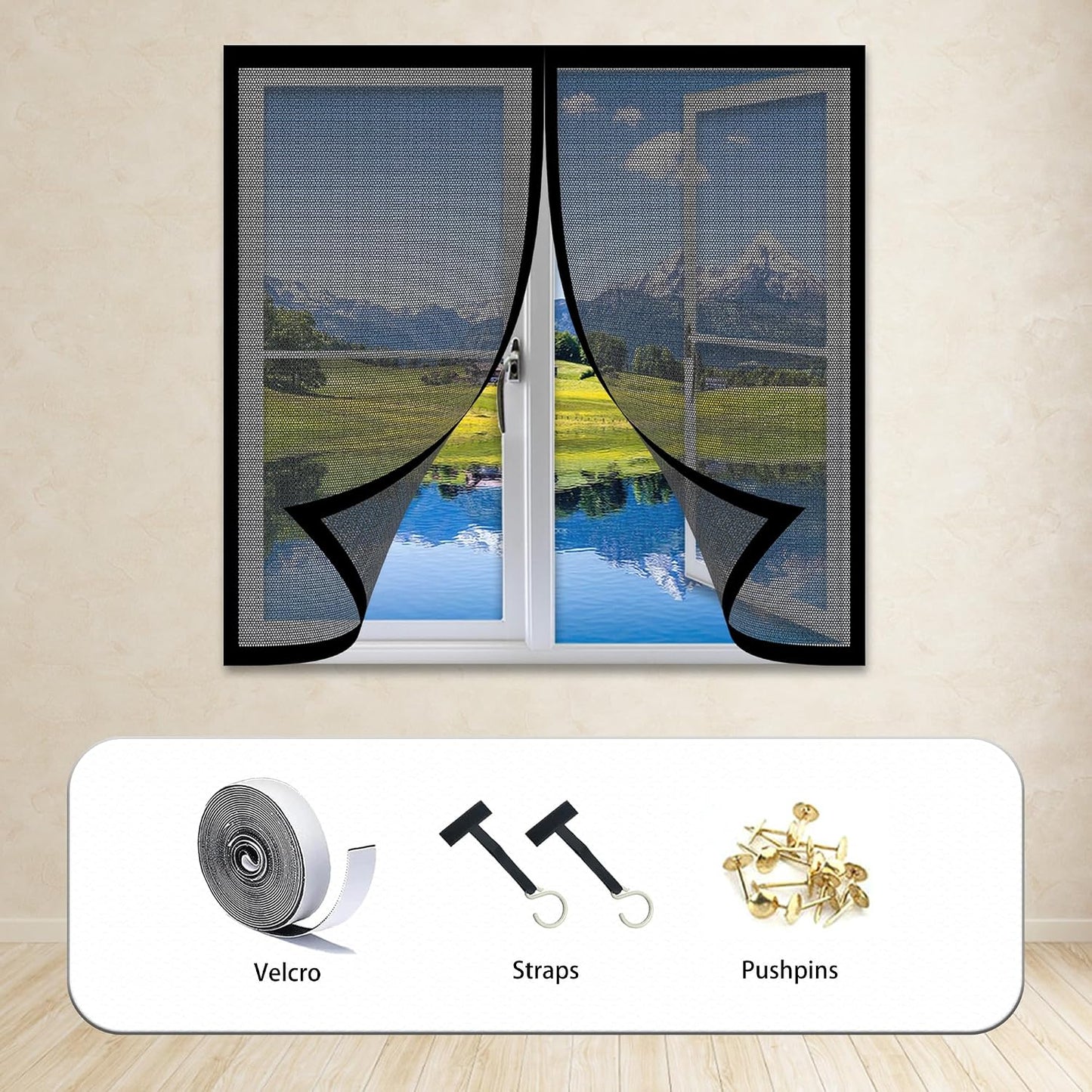  Magnetic Door Or Window Mosquito Net 86 X 113 Cm Self-Adhesive Mesh Curtain With Automatic Closing No Drilling For Corridors Windows Patio, Black
