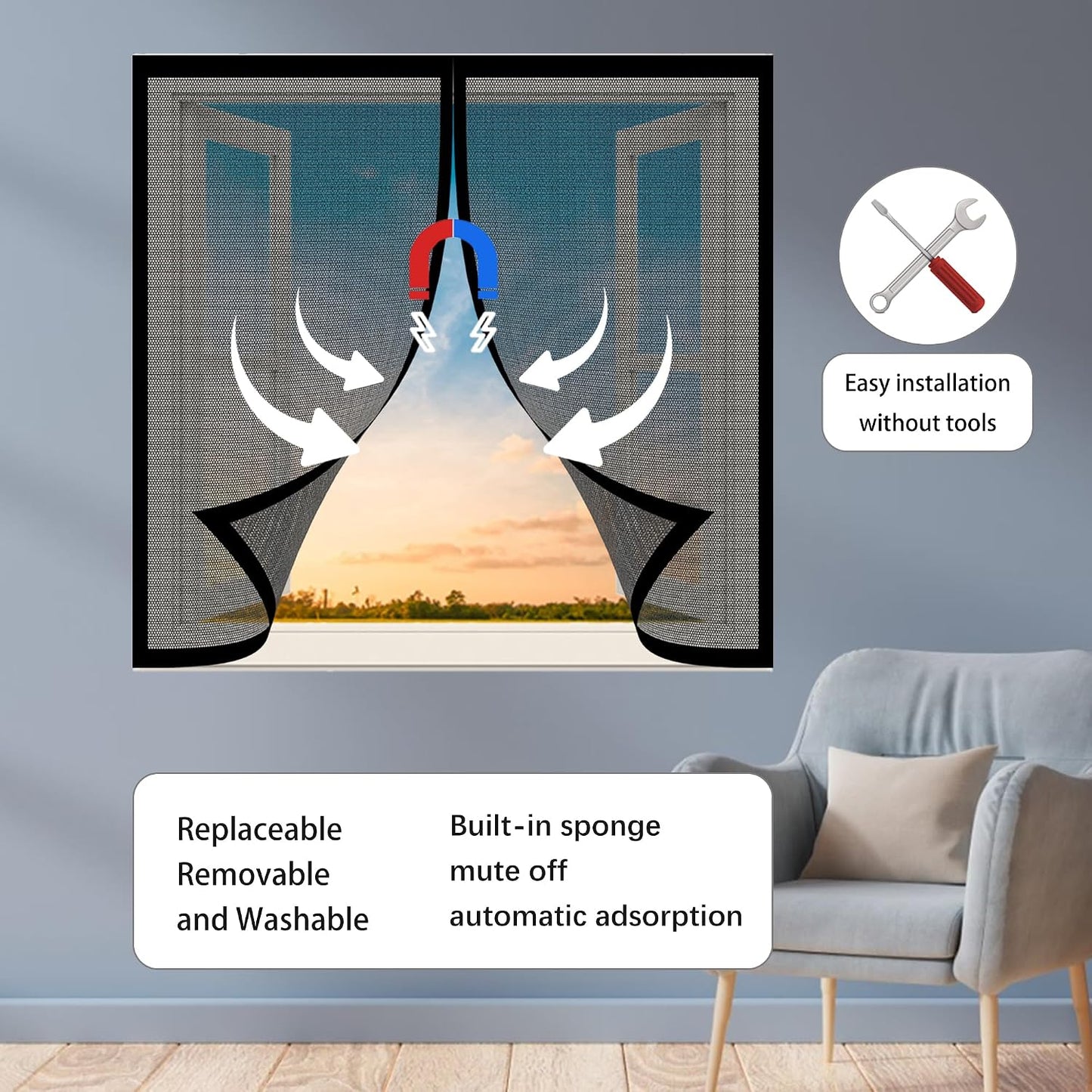  Magnetic Mosquito Net For Windows, 110 X 170 Cm, Magnetic Window Insect Screen, Easy Installation For Windows Doors, White
